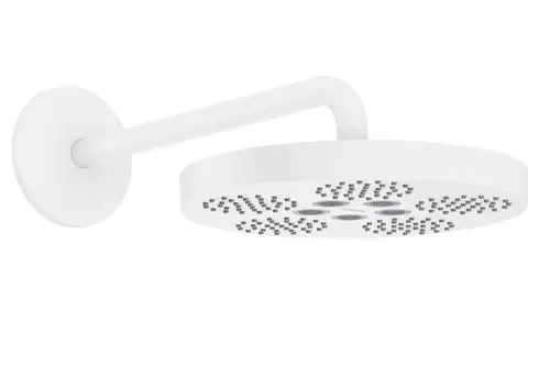 Weißer Duschkopf mit wabenförmigen Düsen, montiert an einem geraden Arm. Produkt von AXOR, minimalistisches Design, geeignet für Wandinstallation.